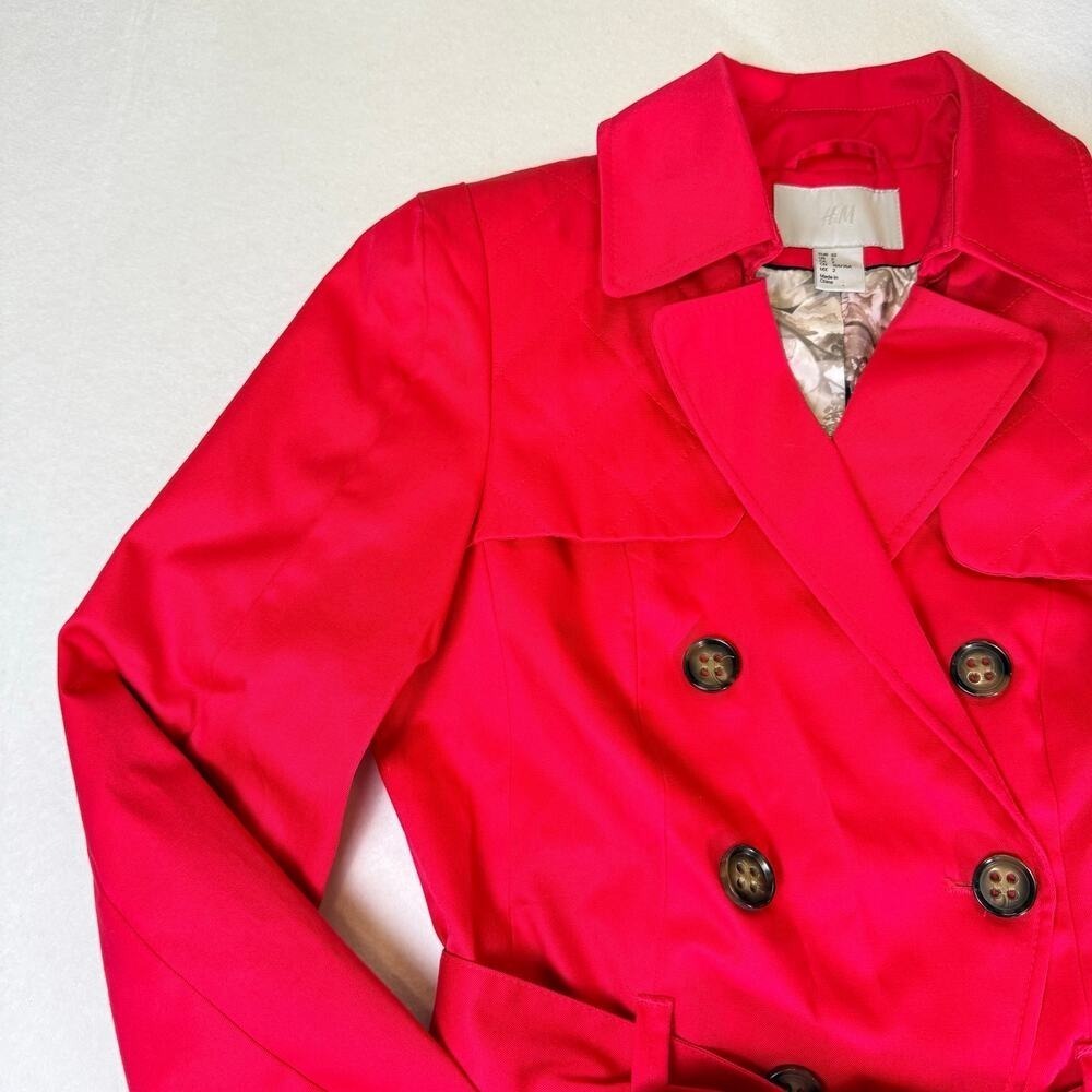 H&M Womens Red Short Trench Coat Jacket Size 2 Double Breasted Belted Waist Chic - Picture 9 of 14